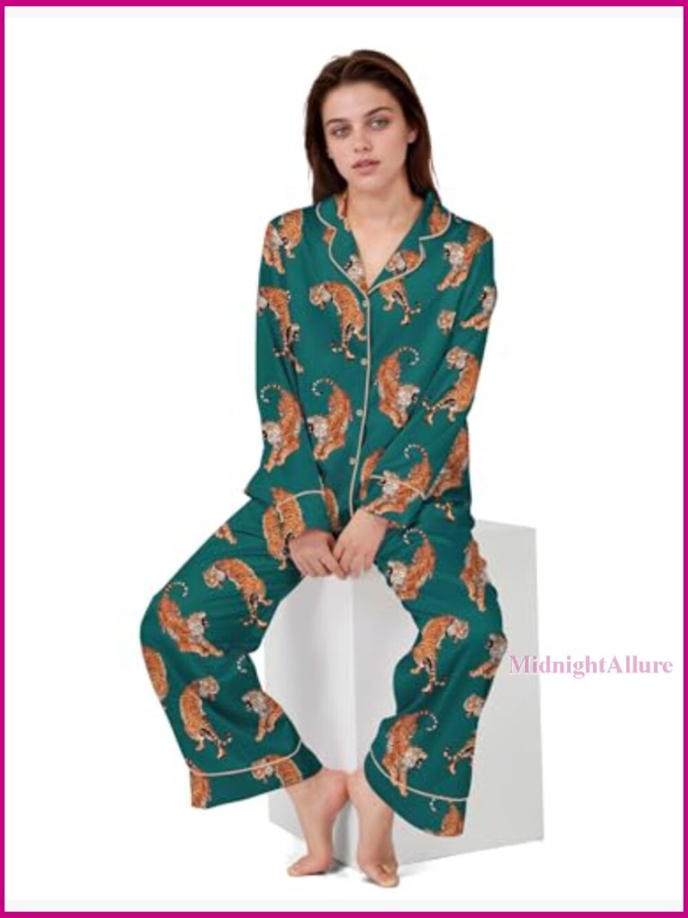 Women's Satin Pajama Set Long Sleeve Button Down PJs 2 Piece Lounge Set - Picture 6 of 7